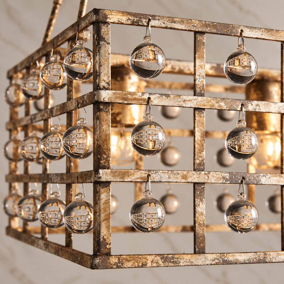 Close view of La Cage iron lattice and clear crystal spheres | CARRA HOME