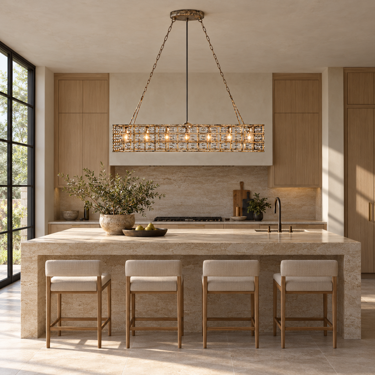 La Cage chandelier above a long travertine kitchen island | CARRA HOME