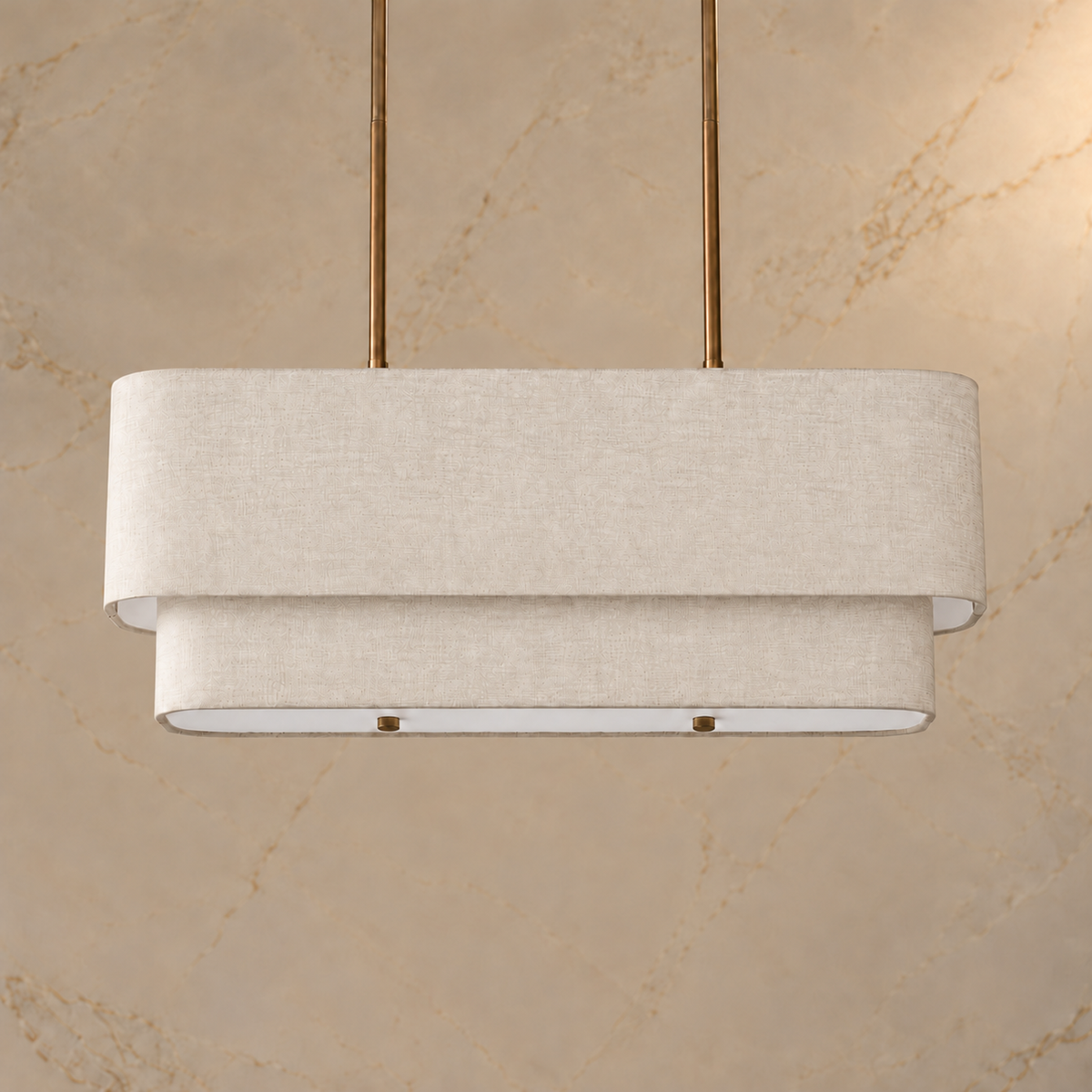 Natural linen and bronze Laren layered linear chandelier, light off | CARRA HOME