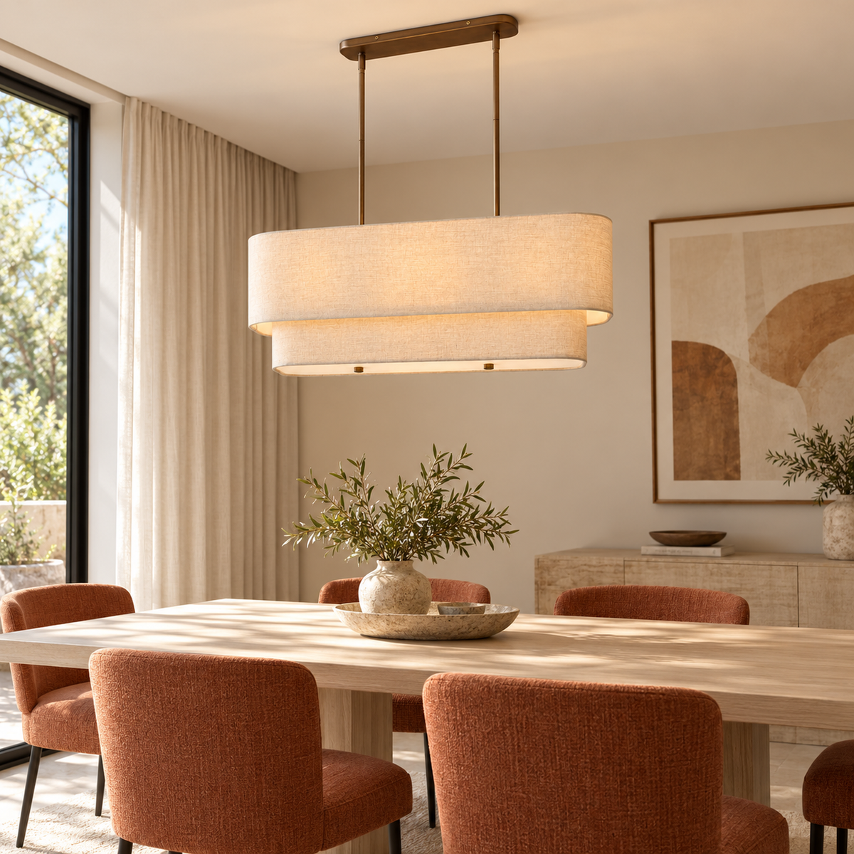 Laren linen chandelier above an ash dining table with terracotta chairs | CARRA HOME