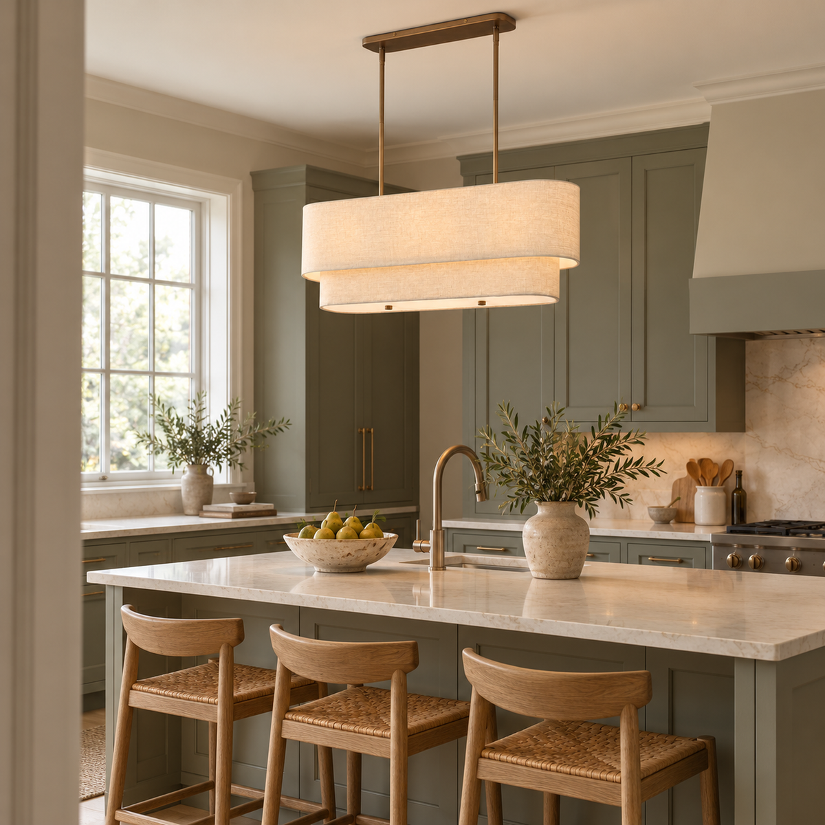 Laren linen chandelier above a quartz kitchen island with muted sage cabinets | CARRA HOME