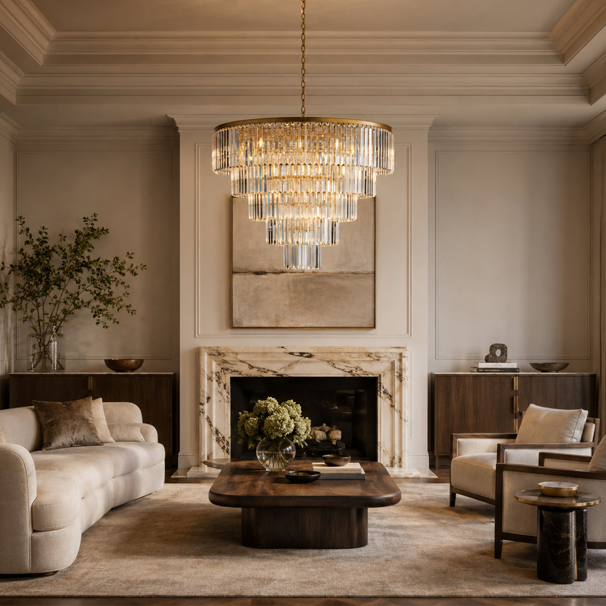 Leyland Crystal Tiered Round Chandelier in a living room