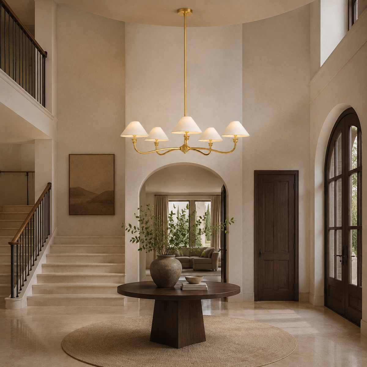 Lilith Metal Curved Arm Chandelier in a foyer
