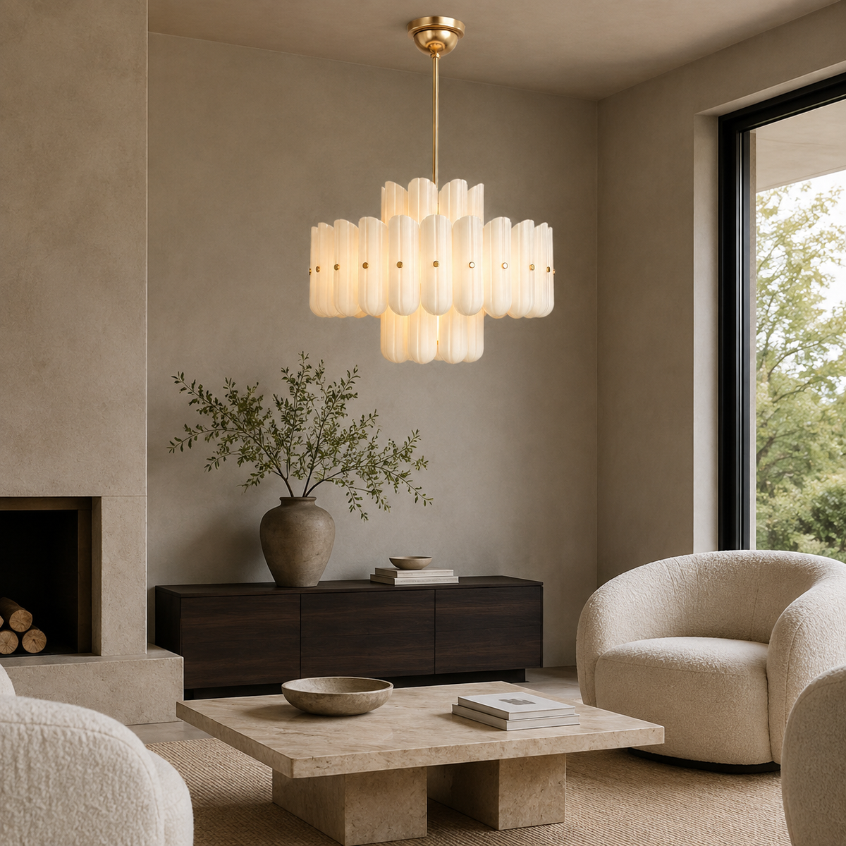 Lorna Opal Glass Double Tier Chandelier in a living room