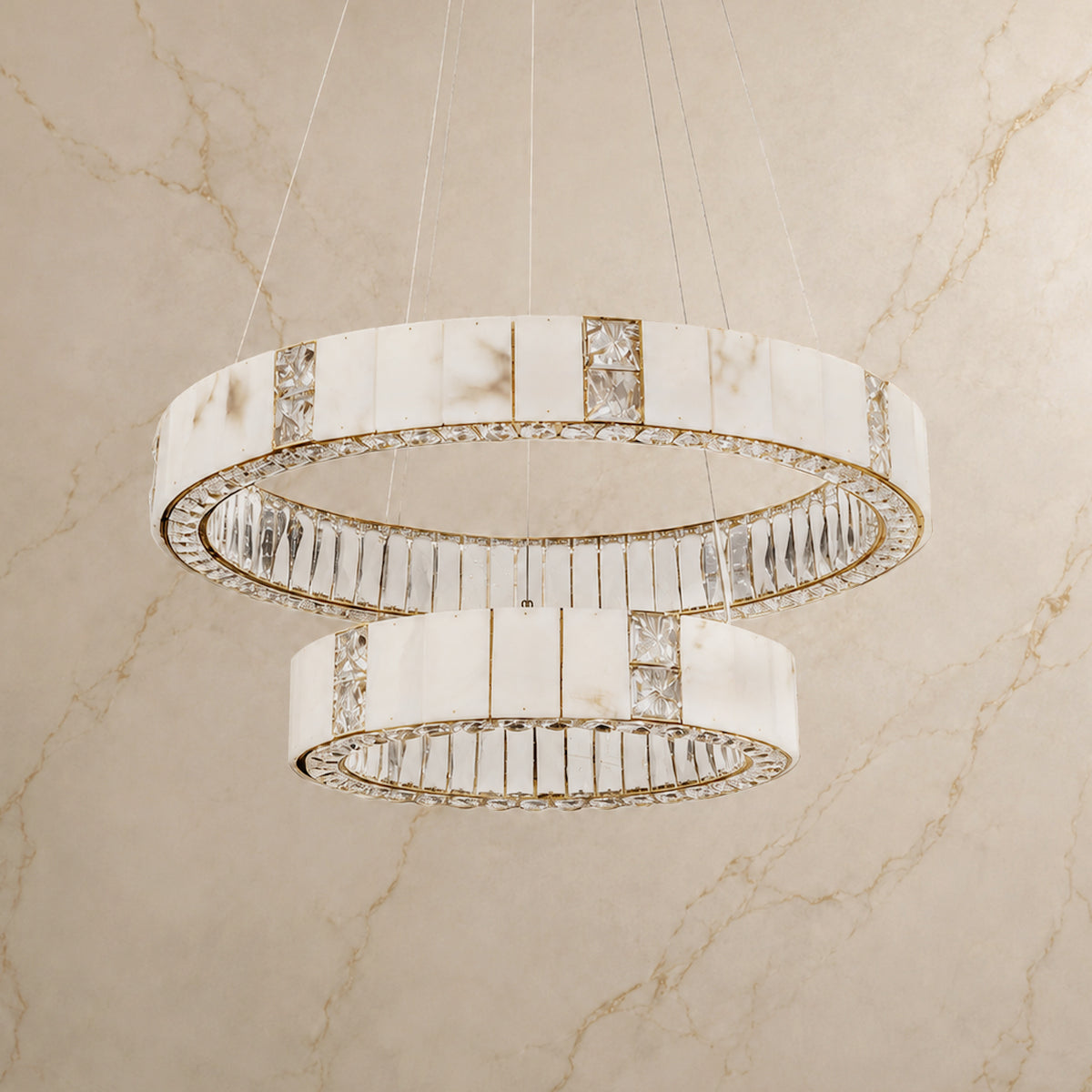 Lumaire Alabaster 2-Tier Ring Chandelier with lights off