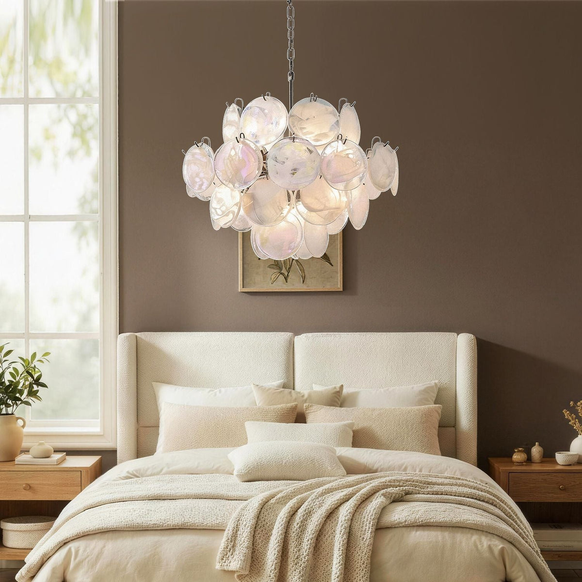 Luna Artistic Nordic Moonlight White Acrylic Petal Three-Color Eye-Care Chandelier provides serene, eye-friendly illumination over a stylish bedroom with neutral tones and soft textures | Carra Home