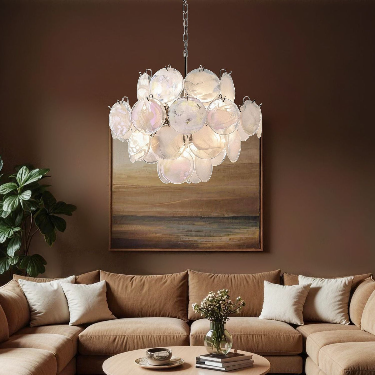 Luna Artistic Nordic Moonlight White Acrylic Petal Three-Color Eye-Care Chandelier enhances cozy living room ambiance with its soft white acrylic petals and three-color dimming for relaxing eye comfort | Carra Home