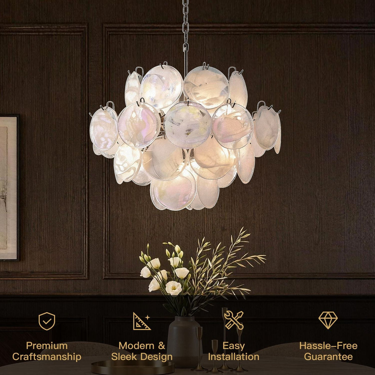 Luna Artistic Nordic Moonlight White Acrylic Petal Three-Color Eye-Care Chandelier — featuring premium craftsmanship, modern & sleek design, easy installation, and hassle-free guarantee — ideal for kitchens or dining spaces | Carra Home