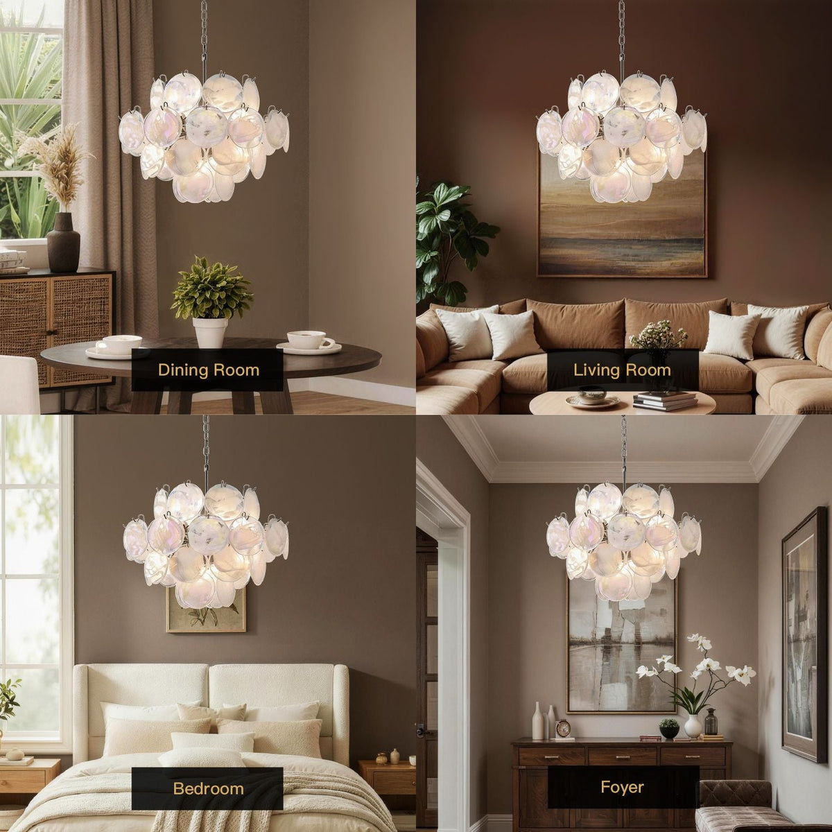 Luna Artistic Nordic Moonlight White Acrylic Petal Three-Color Eye-Care Chandelier shown in four elegant settings: dining room, living room, bedroom, and foyer — perfect for modern Nordic interiors | Carra Home