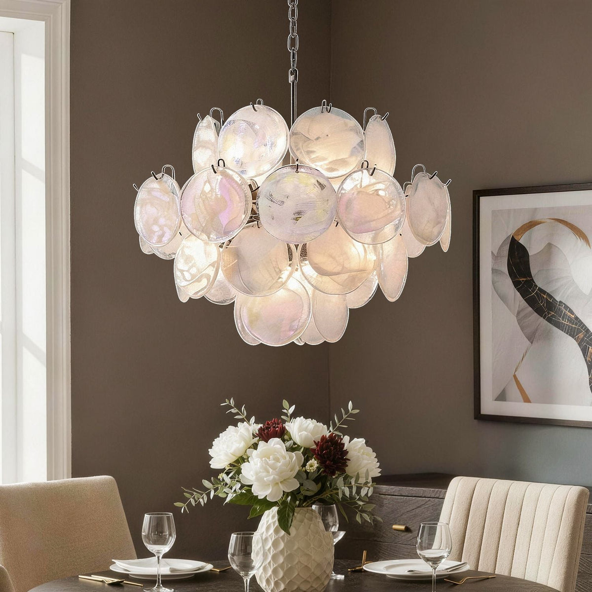 Luna Artistic Nordic Moonlight White Acrylic Petal Three-Color Eye-Care Chandelier gently illuminates a modern dining room with soft, layered petal-shaped shades and eye-friendly lighting | Carra Home