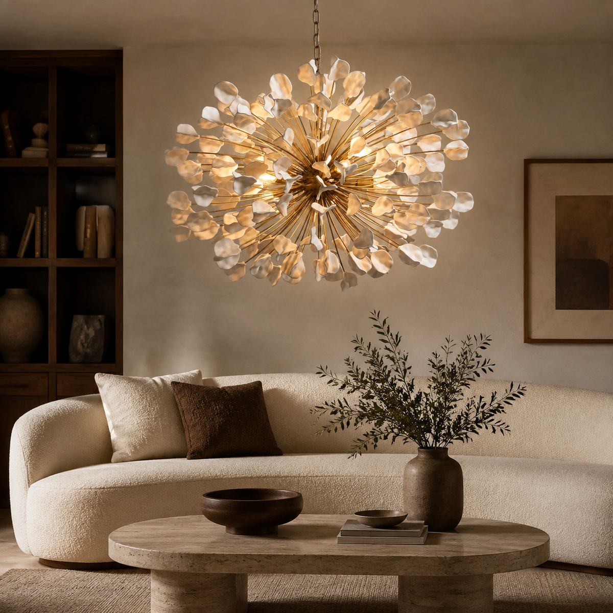 Lunaria Ceramic Leaf Cluster Chandelier in white in a living room