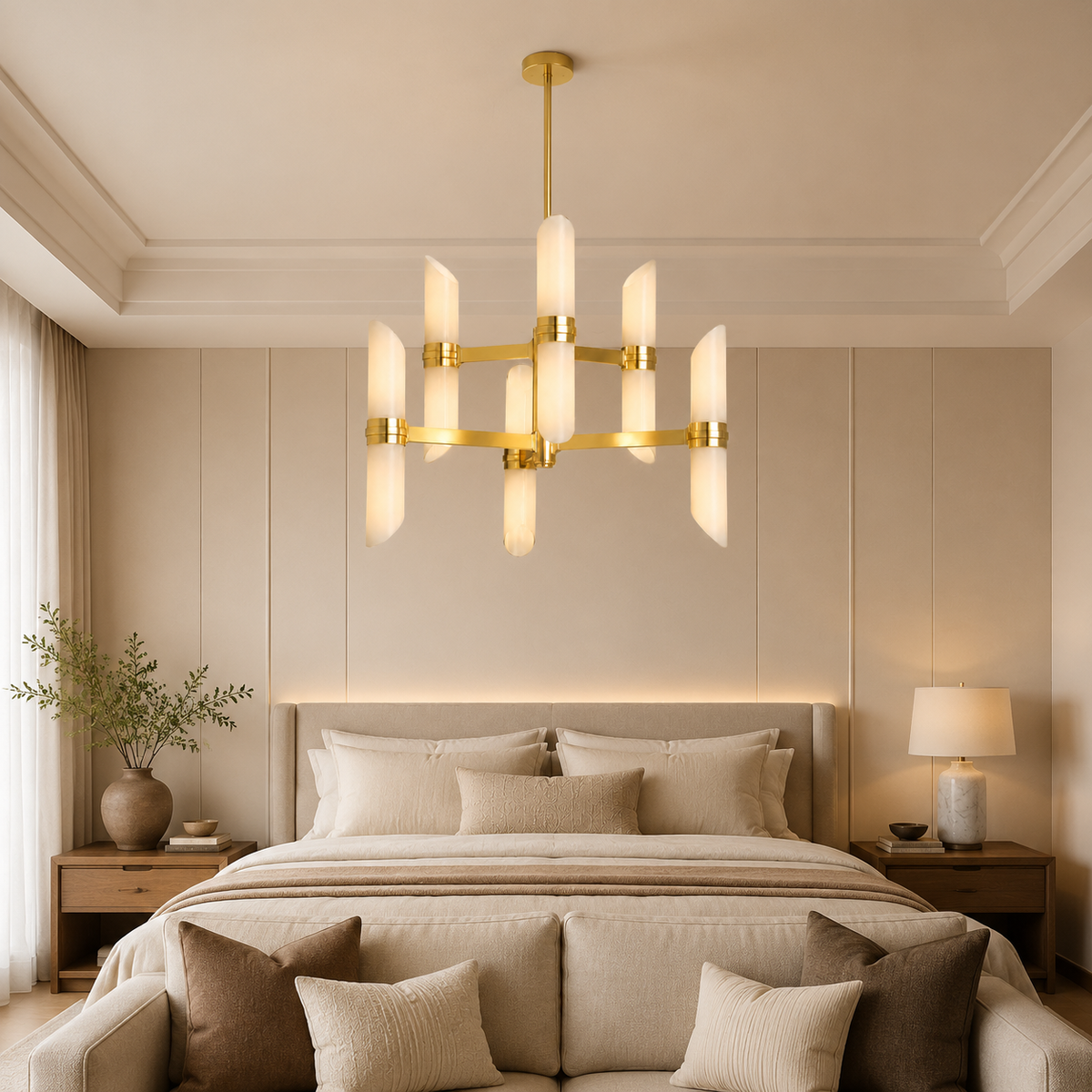 Lundquist Opal Glass Double Tier Chandelier in a bedroom