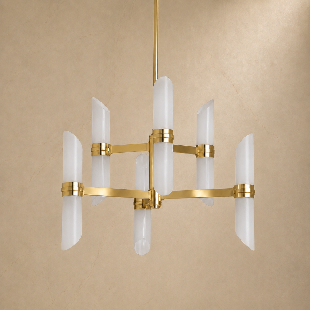 Lundquist Opal Glass Double Tier Chandelier in gold, light off