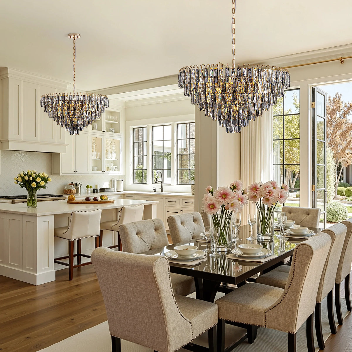 two-luxury-gold-crystal-tiered-chandelier-creating-a-harmonious-atmosphere-in-the-dining-room-Carra Home-lighting