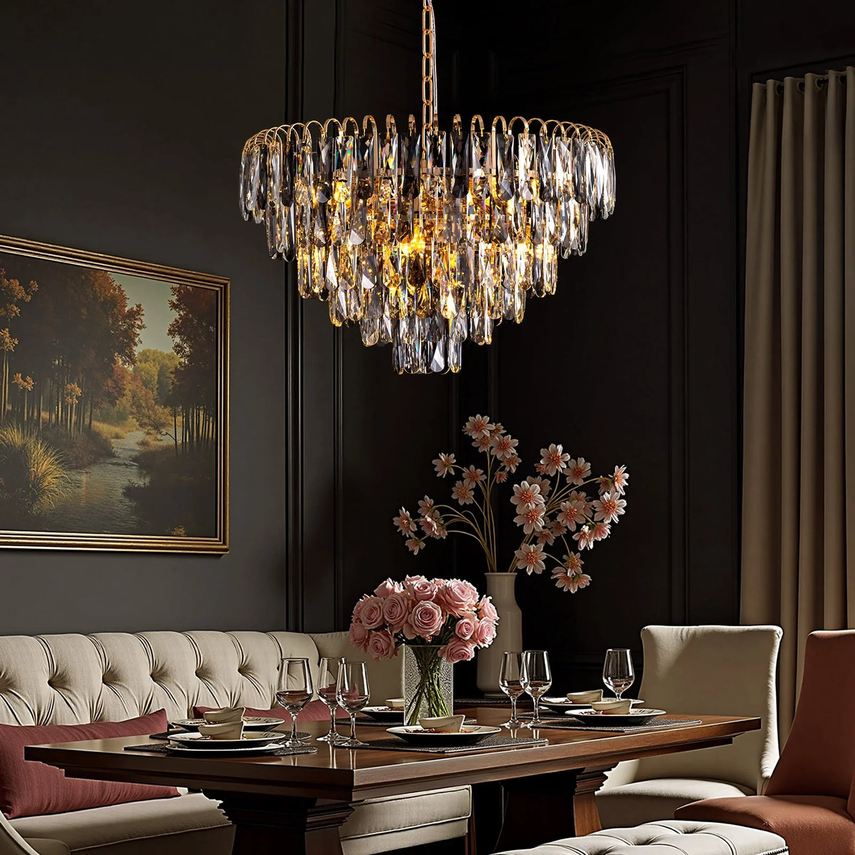 luxury-gold-crystal-tiered-chandelier-in-living-room-Carra Home-lighting