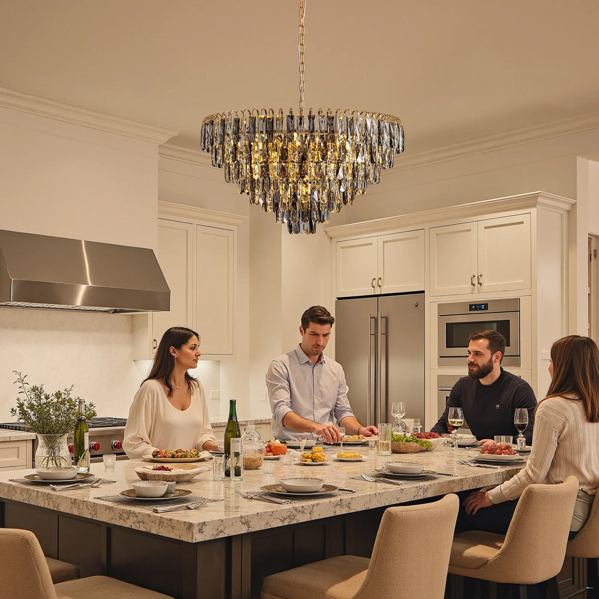 luxury-gold-crystal-tiered-chandelier-installed-in-the-kitchen-island-Carra Home-lighting
