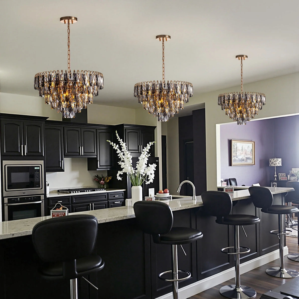 luxury-gold-crystal-tiered-chandelier-over-kitchen-island-Carra Home-lighting