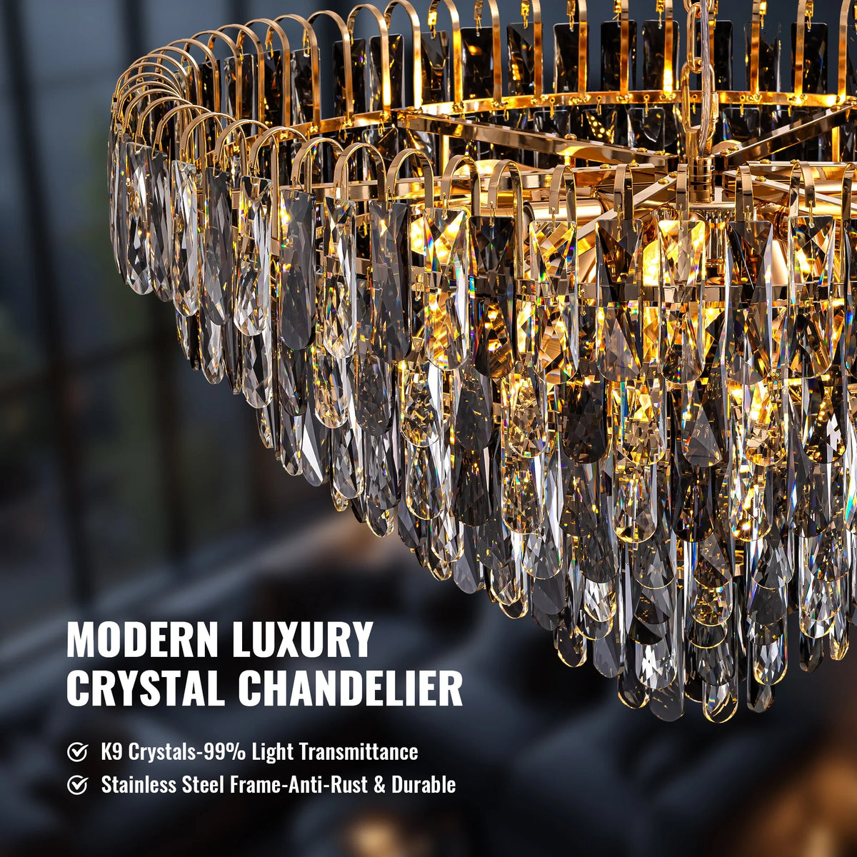 close-up-of-luxury-gold-crystal-tiered-chandelier-Carra Home-lighting