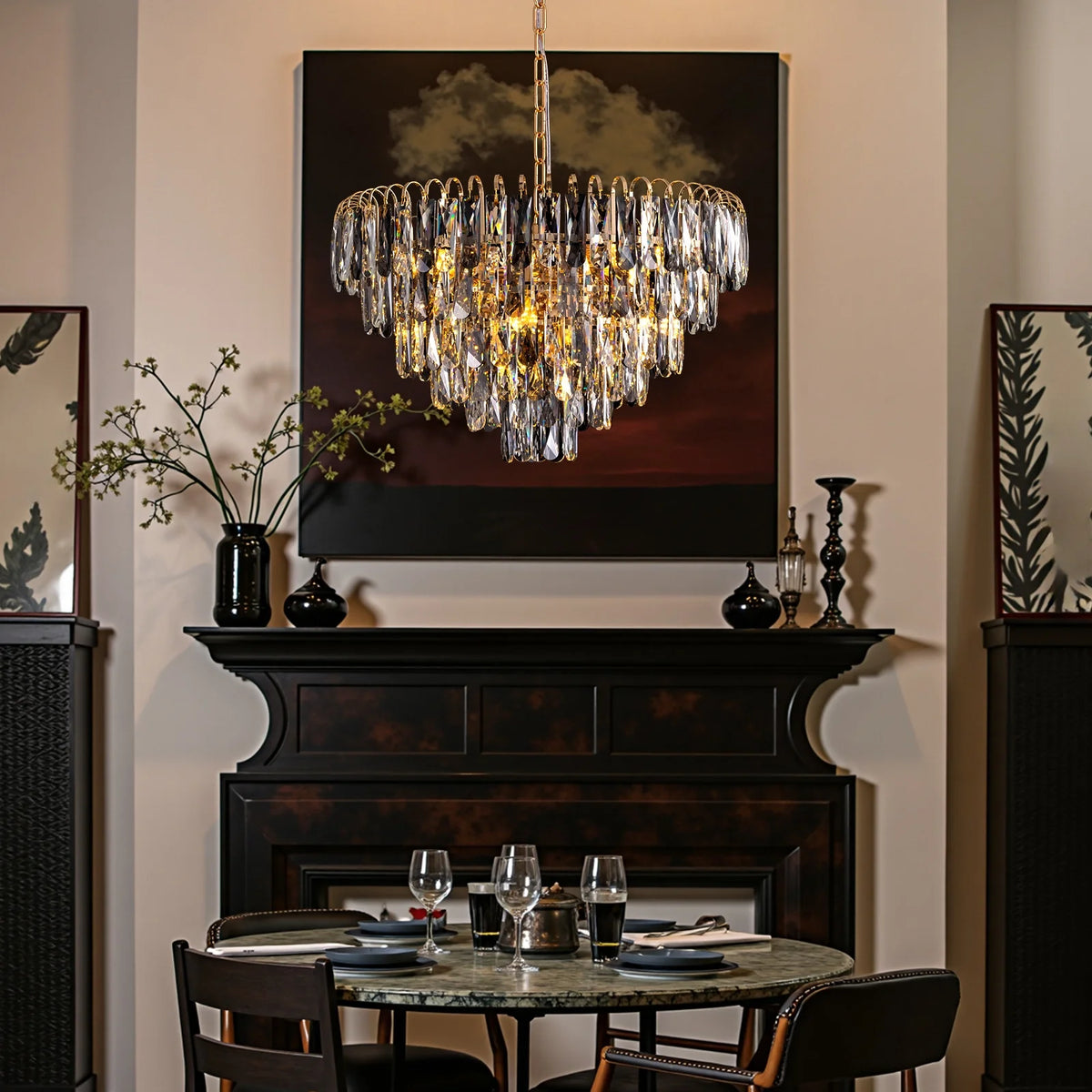 luxury-gold-crystal-tiered-chandelier-in-dining-room-Carra Home-lighting