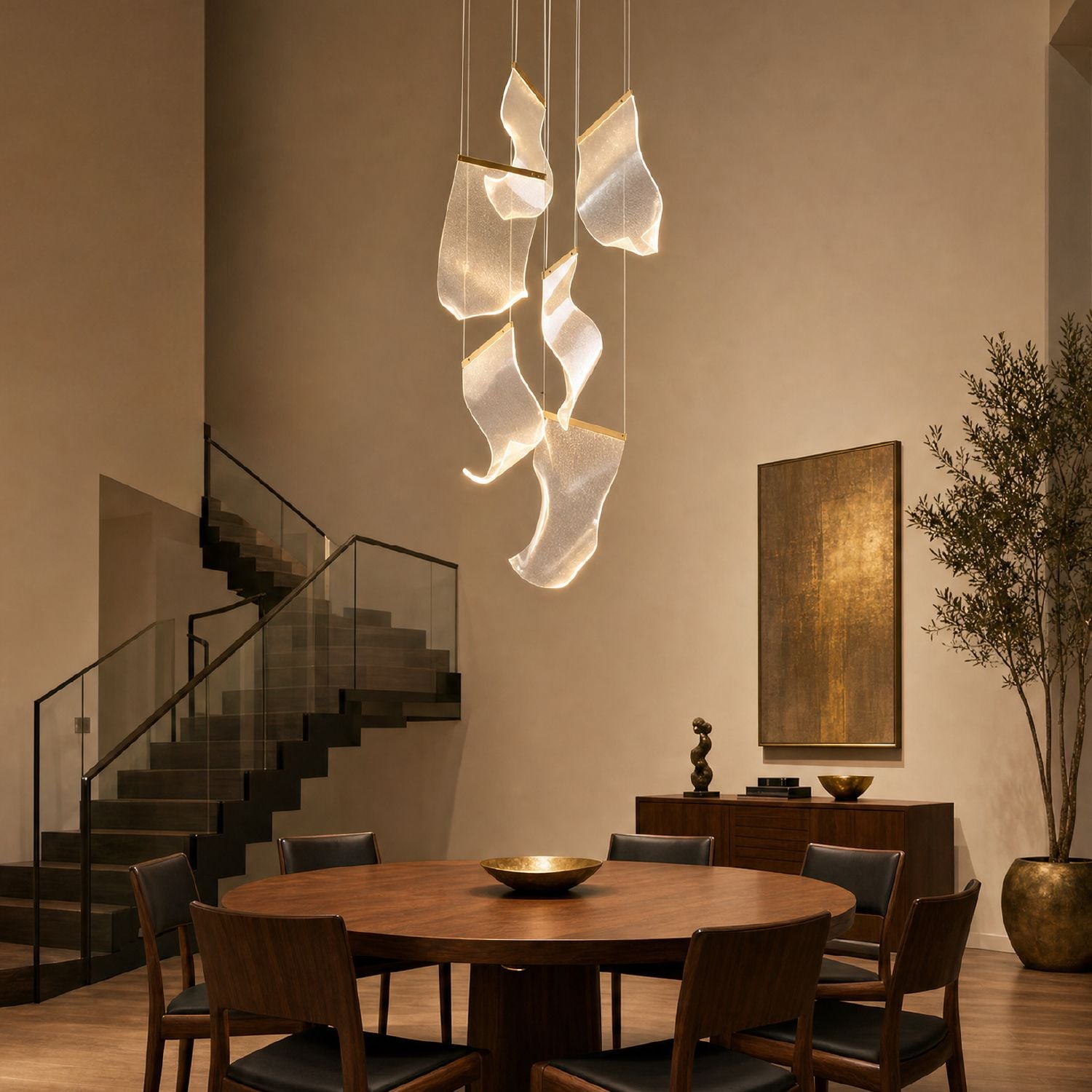 Lyra Ripple Glass Cascading Sheet Chandelier hanging above a round wooden dining table — surrounded by upholstered chairs, a centerpiece bowl, and elegant wall art in a sophisticated dining setting | Carra Home