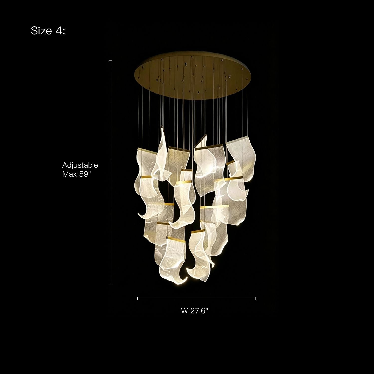 Lyra Ripple Glass Cascading Sheet Chandelier (Size 4) — 27.6" width, 59" max adjustable height, larger cascading glass sheets, suits spacious two-story atriums/luxury living spaces | Carra Home