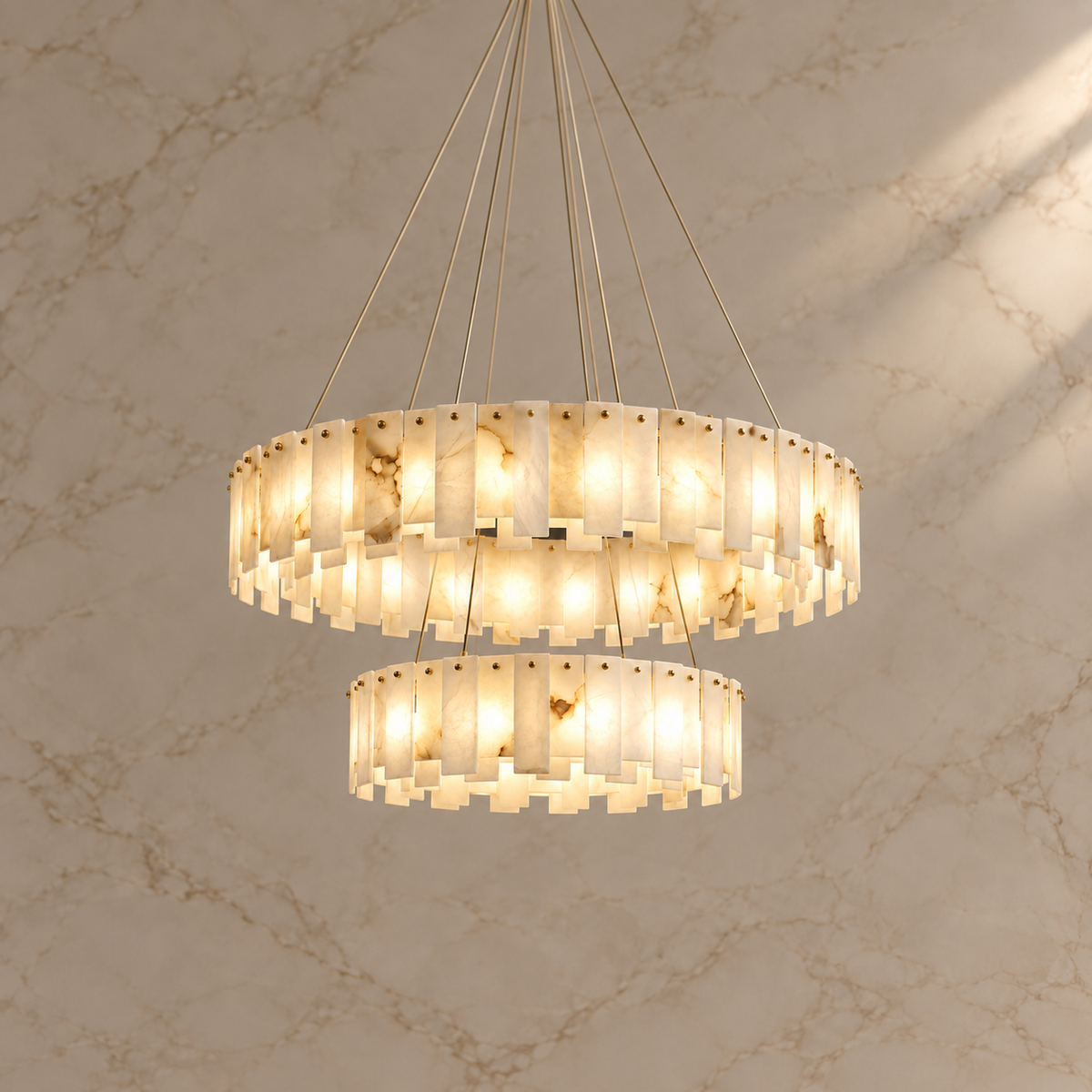 maren alabaster double ring chandelier gold 120cm light on
