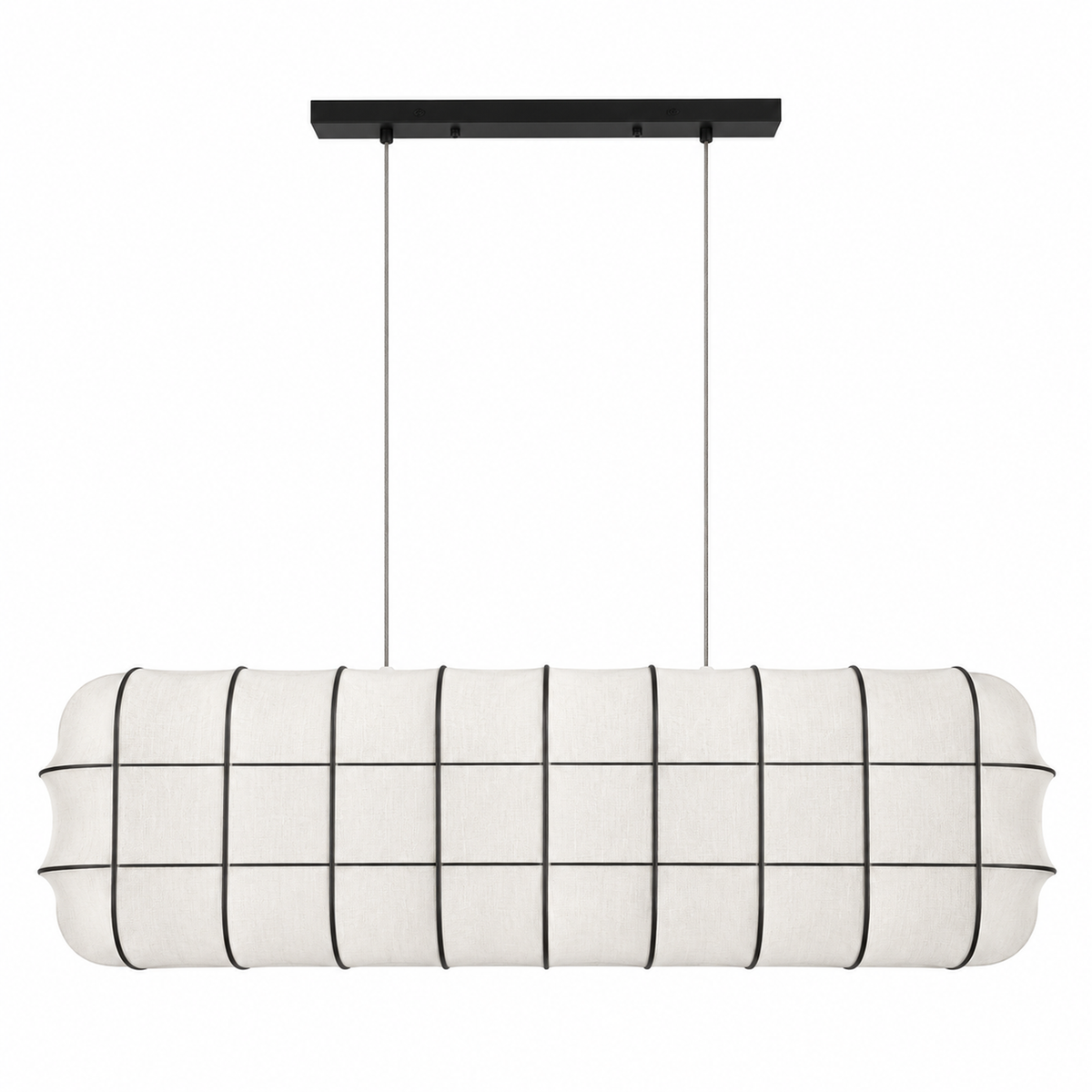 Marlowe white fabric lantern linear chandelier, 150 by 42 by 42 cm, on white background | CARRA HOME