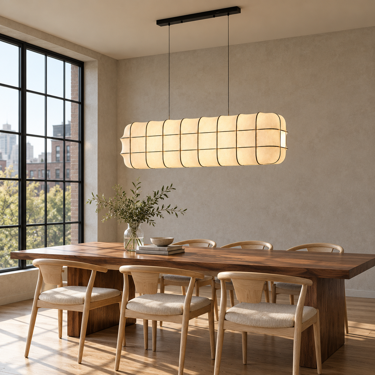Marlowe fabric lantern chandelier in a contemporary loft dining room | CARRA HOME