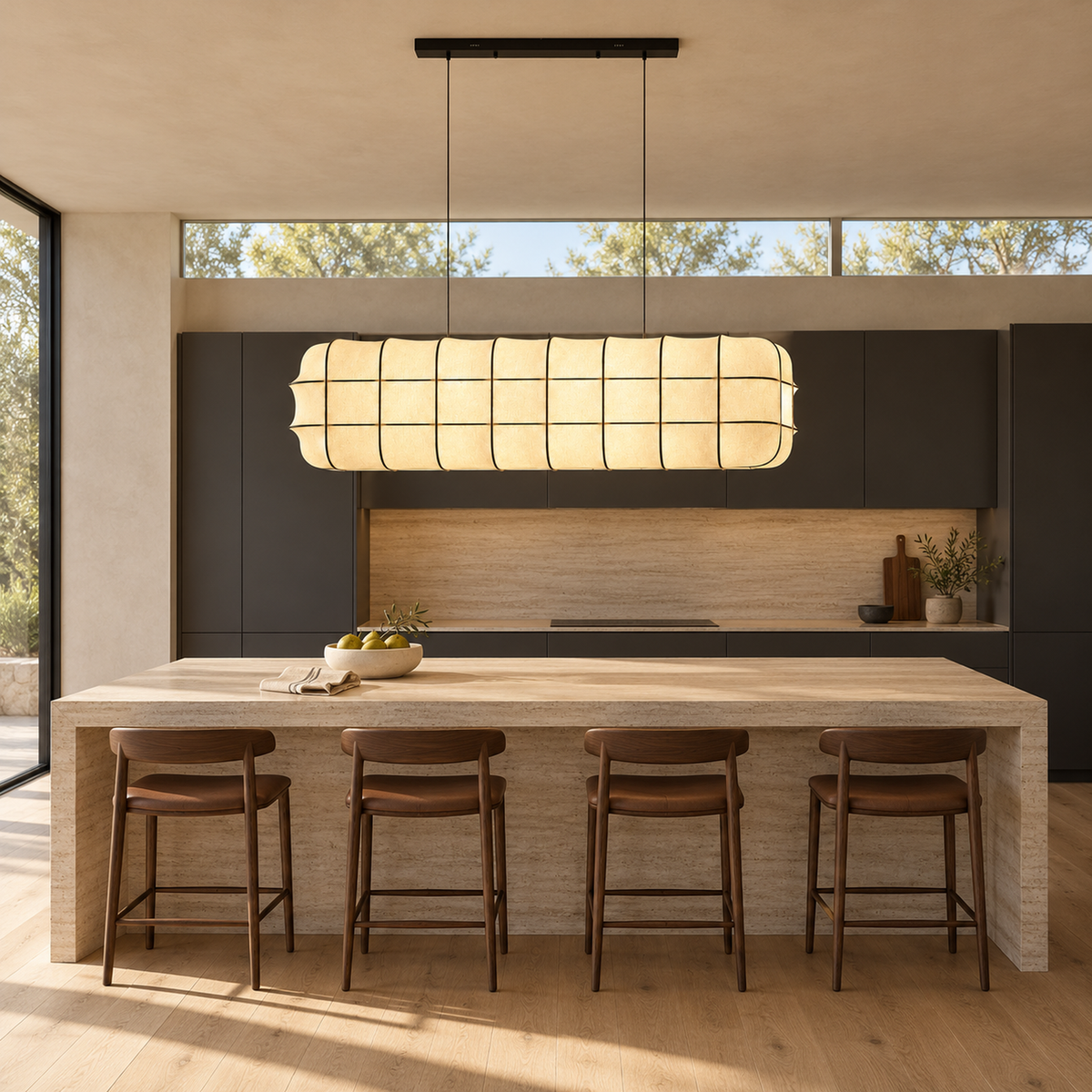 Marlowe fabric lantern chandelier above a charcoal kitchen island | CARRA HOME