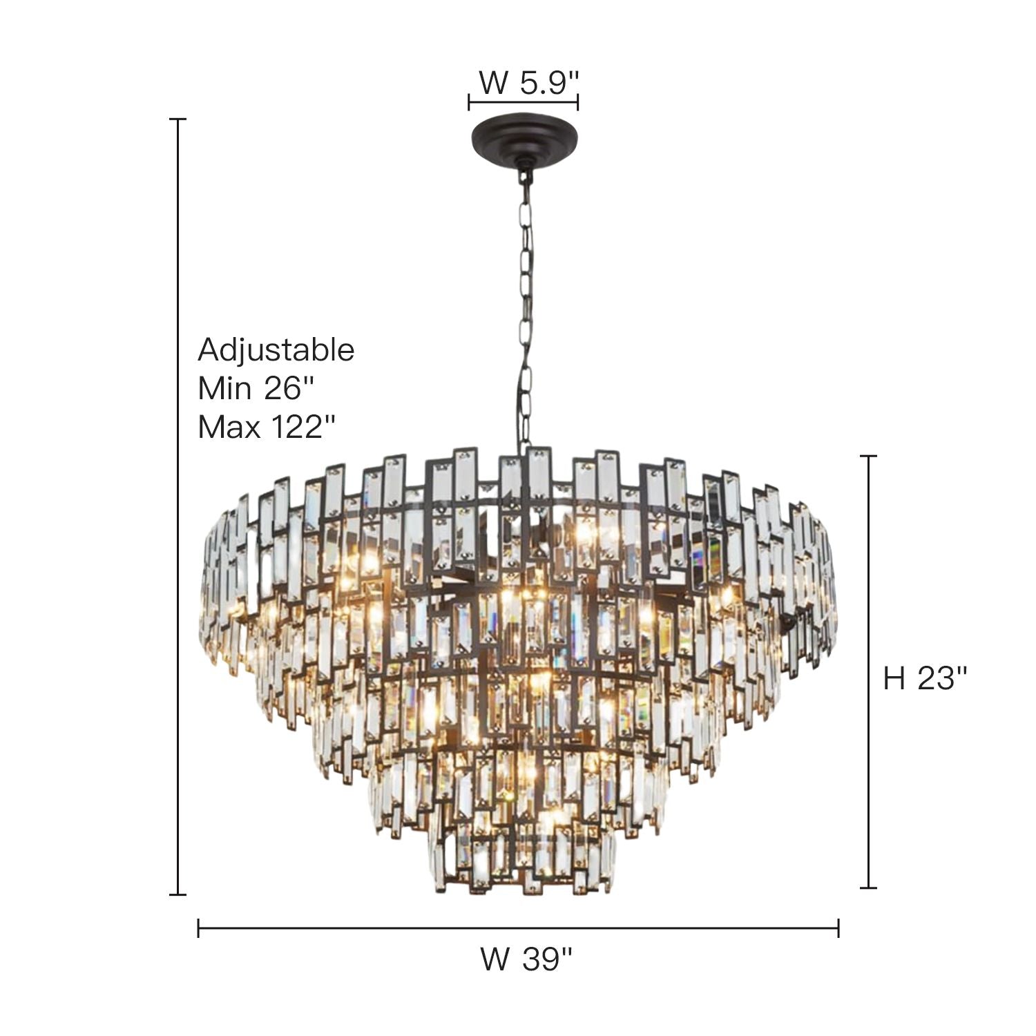 Metropolitan Geometric Crystal Chandelier (Size 3) — 39" width, 23" height, tiered rectangular crystal design, perfect for spacious living rooms, large dining areas, or grand entryways | Carra Home