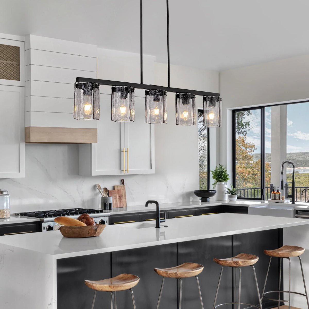 minimalist-smoked-glass-linear-chandelier-over-kitchen-island-Carra Home-lighting