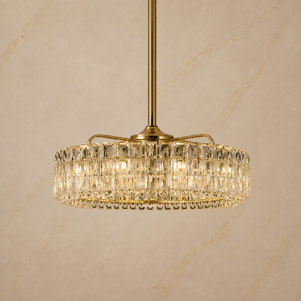 Modern Crystal Fan-Light Chandelier in gold, light on