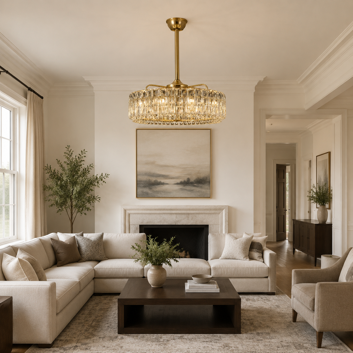 Modern Crystal Fan-Light Chandelier in gold in a living room