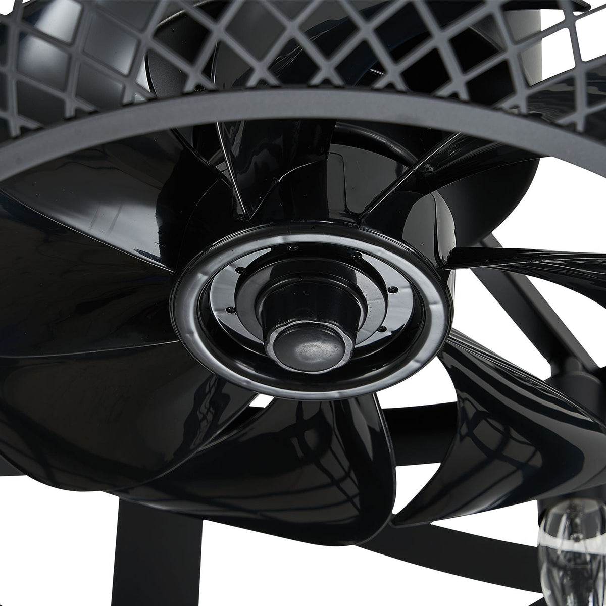Close-up of enclosed fan blades and motor housing — glossy black blades, central motor hub, caged industrial design | CARRA HOME