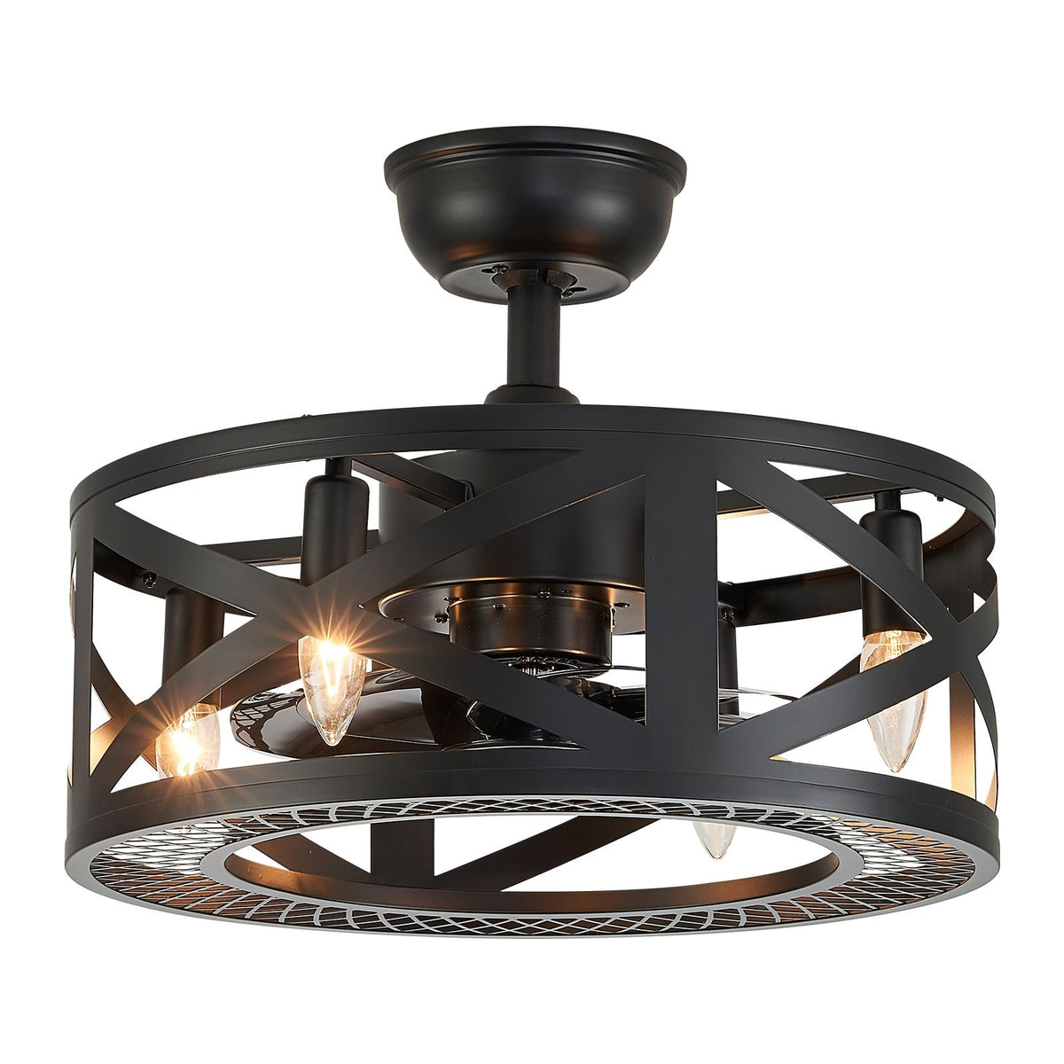 Modern Industrial Caged Ceiling Fan with Light — matte black metal cage, vintage bulb sockets, enclosed blades, farmhouse rustic style on white background | CARRA HOME