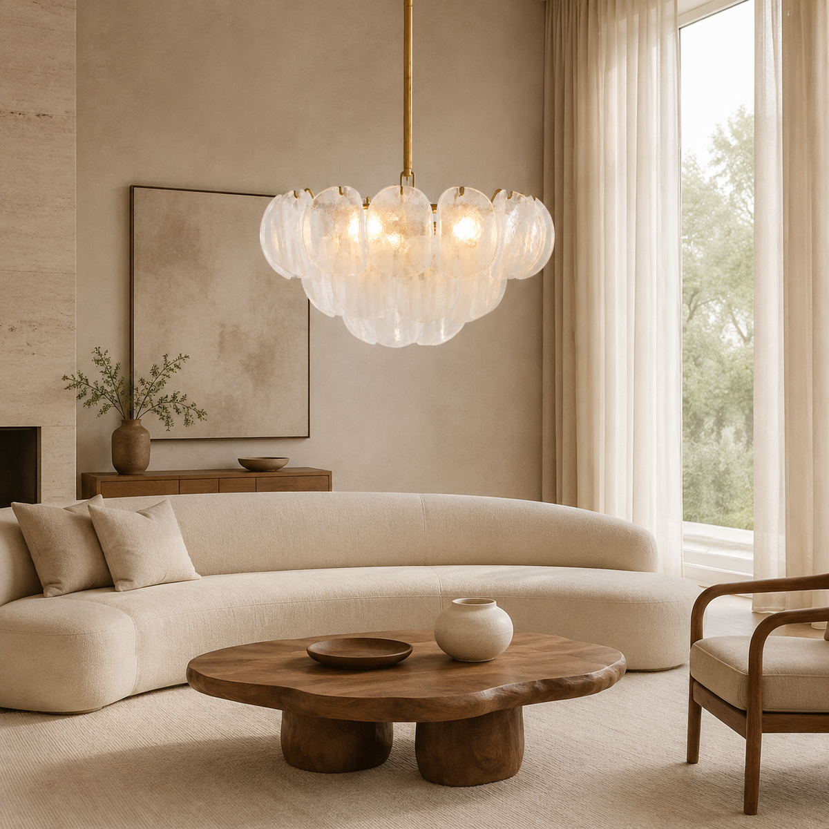 Murana Glass Petal Cluster Chandelier in gold in a living room