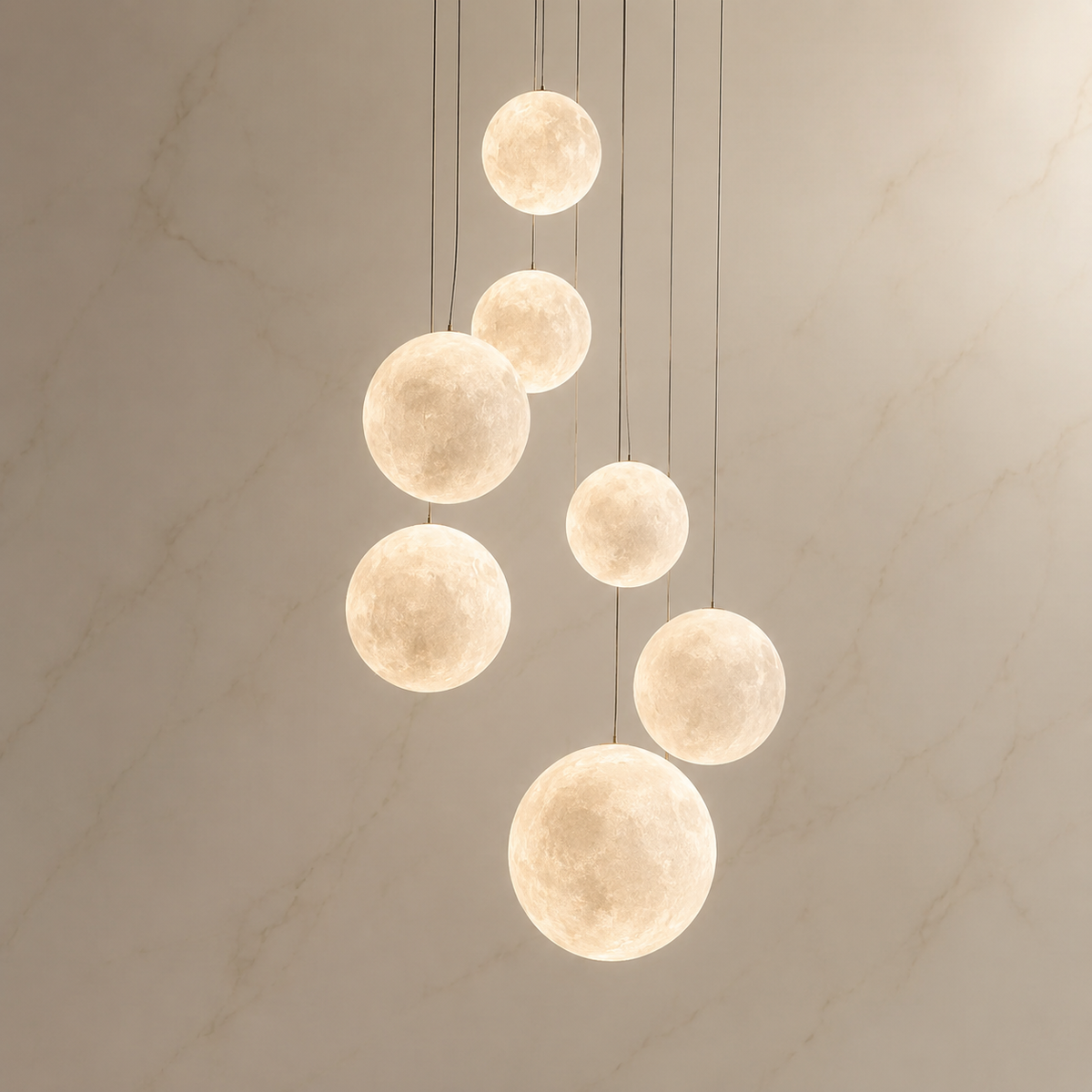 Nami glass sphere staircase chandelier, Chrome, 7-light, light on