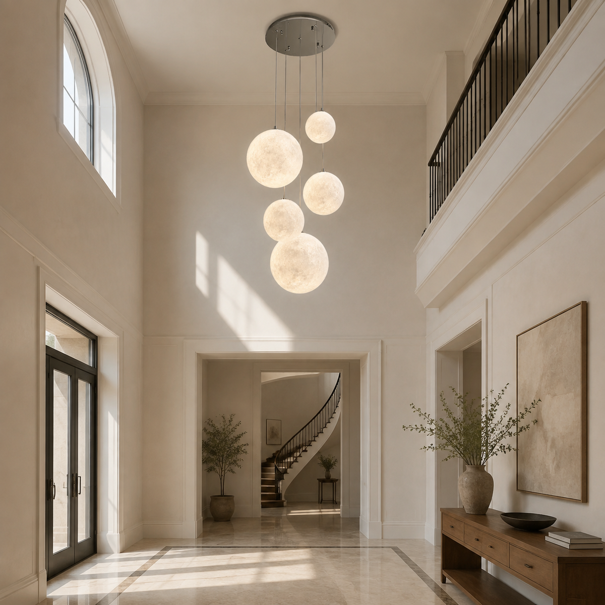 Nami glass sphere staircase chandelier in a high-ceiling foyer