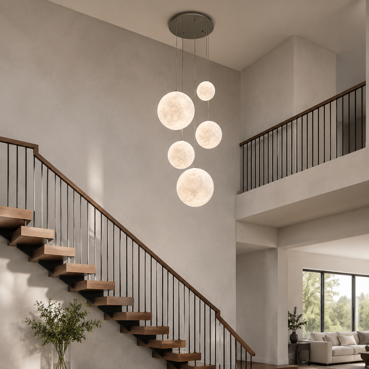 Nami glass sphere staircase chandelier in a staircase