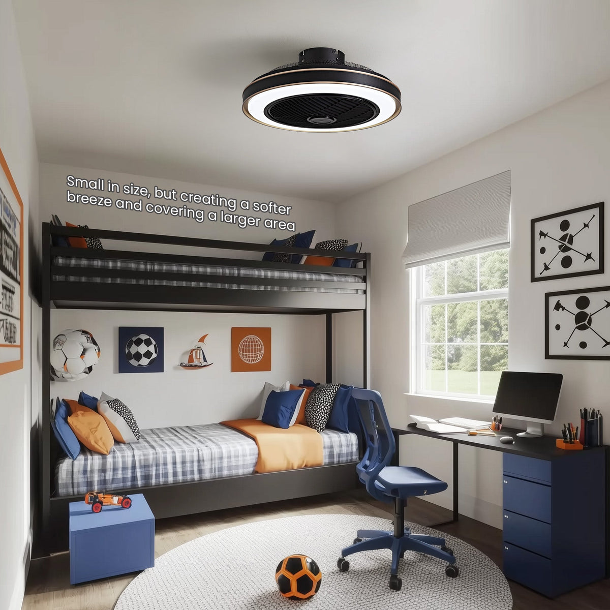 Nexa Whisper Quiet Ceiling Fan in serene bedroom — soft LED glow, reversible airflow, perfect for restful sleep and temperature regulation | CARRA HOME