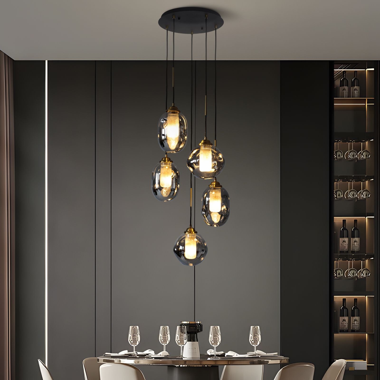 Nova Lava Glass Cascading Chandelier in a minimalist dining room — marble table, light curtains, and neutral tones, adding a touch of luxury to meals