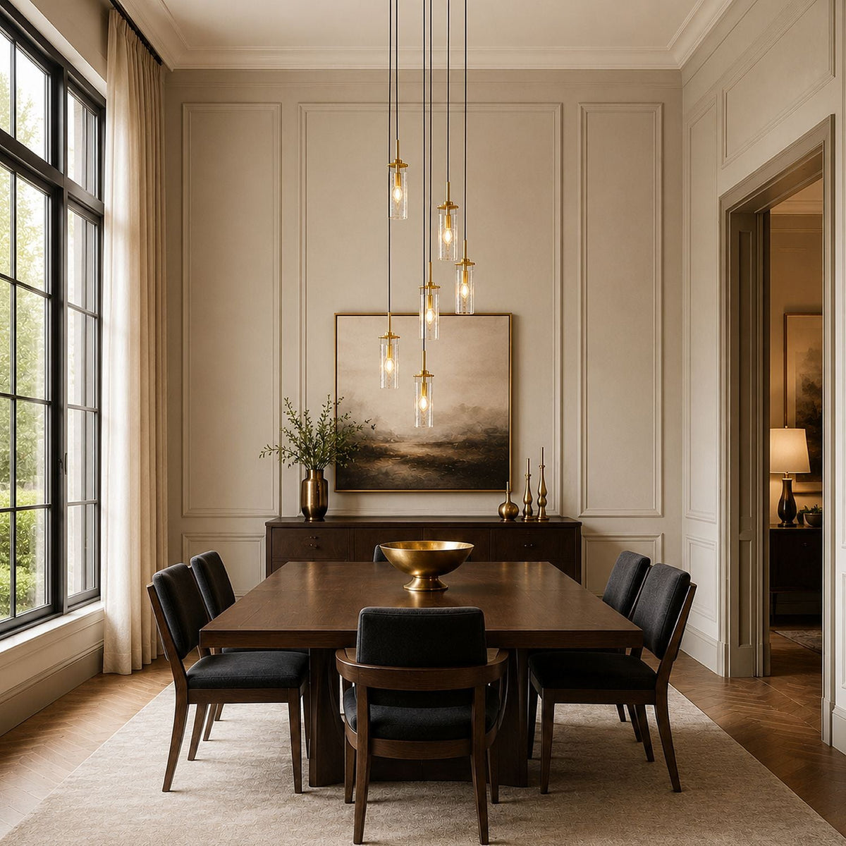 Novera Chandelier centered over formal dining table — dark wood table, upholstered chairs, textured rug — ideal for intimate dinners and family meals | Carra Home