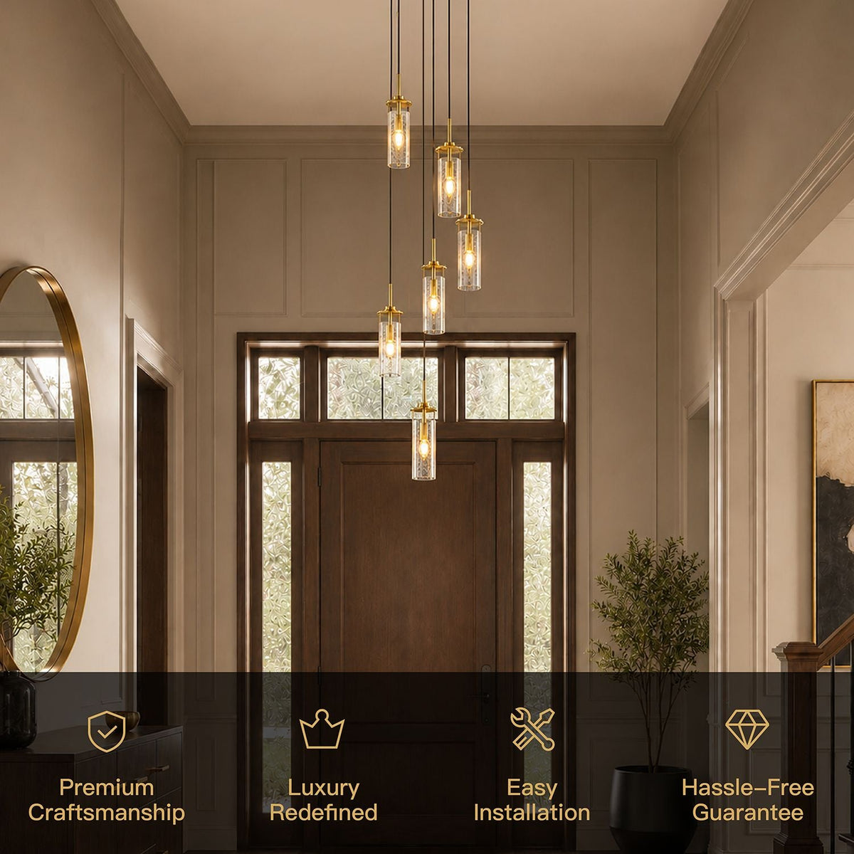 Novera Chandelier key features — premium craftsmanship, luxury redefined, easy installation, hassle-free guarantee — built for discerning homeowners and designers | Carra Home
