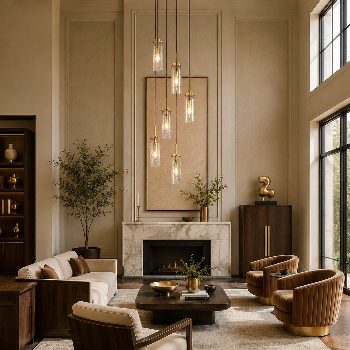 Novera Chandelier above living room seating area — marble fireplace, abstract art, neutral tones — adds warmth and modern elegance to cozy gatherings | Carra Home