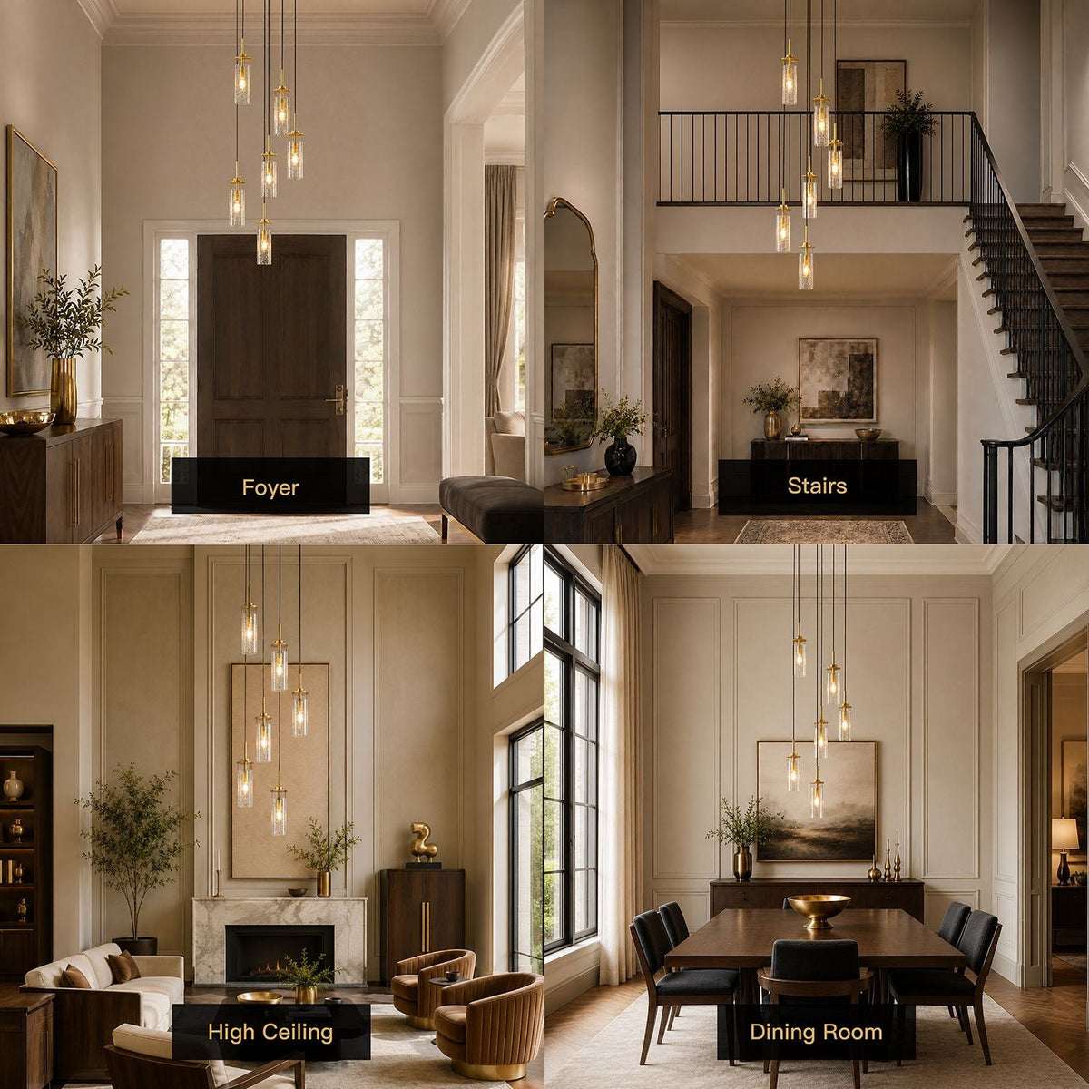 Novera Chandelier in multiple real-life settings — foyer, staircase, living room, dining room — versatile design adapts to any high-end modern home | Carra Home