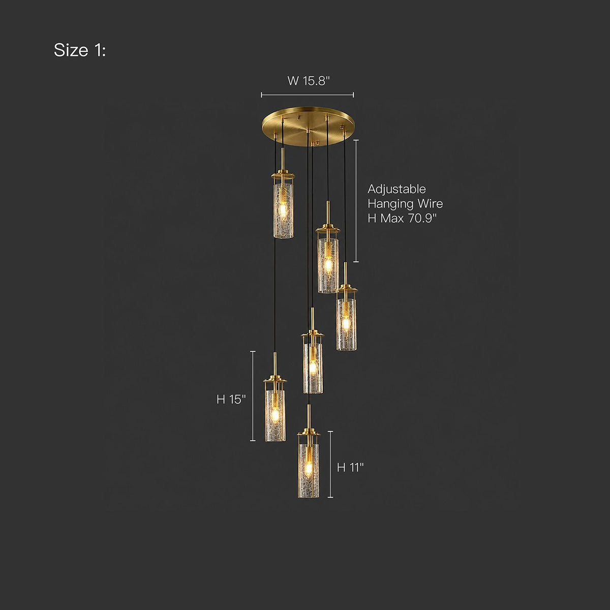 Novera Chandelier dimensions — width 15.8 inches, adjustable hanging wire up to 70.9 inches — suitable for ceilings 8ft to 20ft with customizable drop height | Carra Home