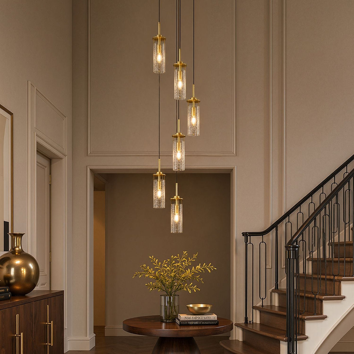 Novera 6-Light Radial Globe Chandelier — elegant cascading glass globes with brass fixtures, warm ambient glow, perfect centerpiece for modern luxury interiors | Carra Home