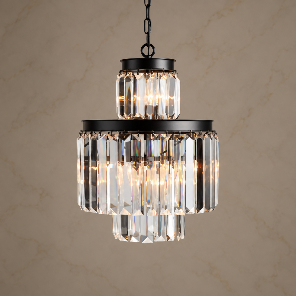 Odette K9 crystal tiered chandelier size 1 in black, light on