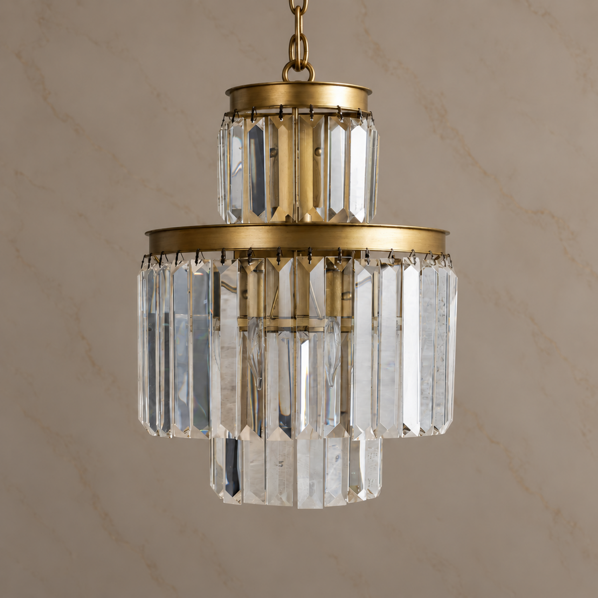 Odette K9 crystal tiered chandelier size 1 in gold, light off