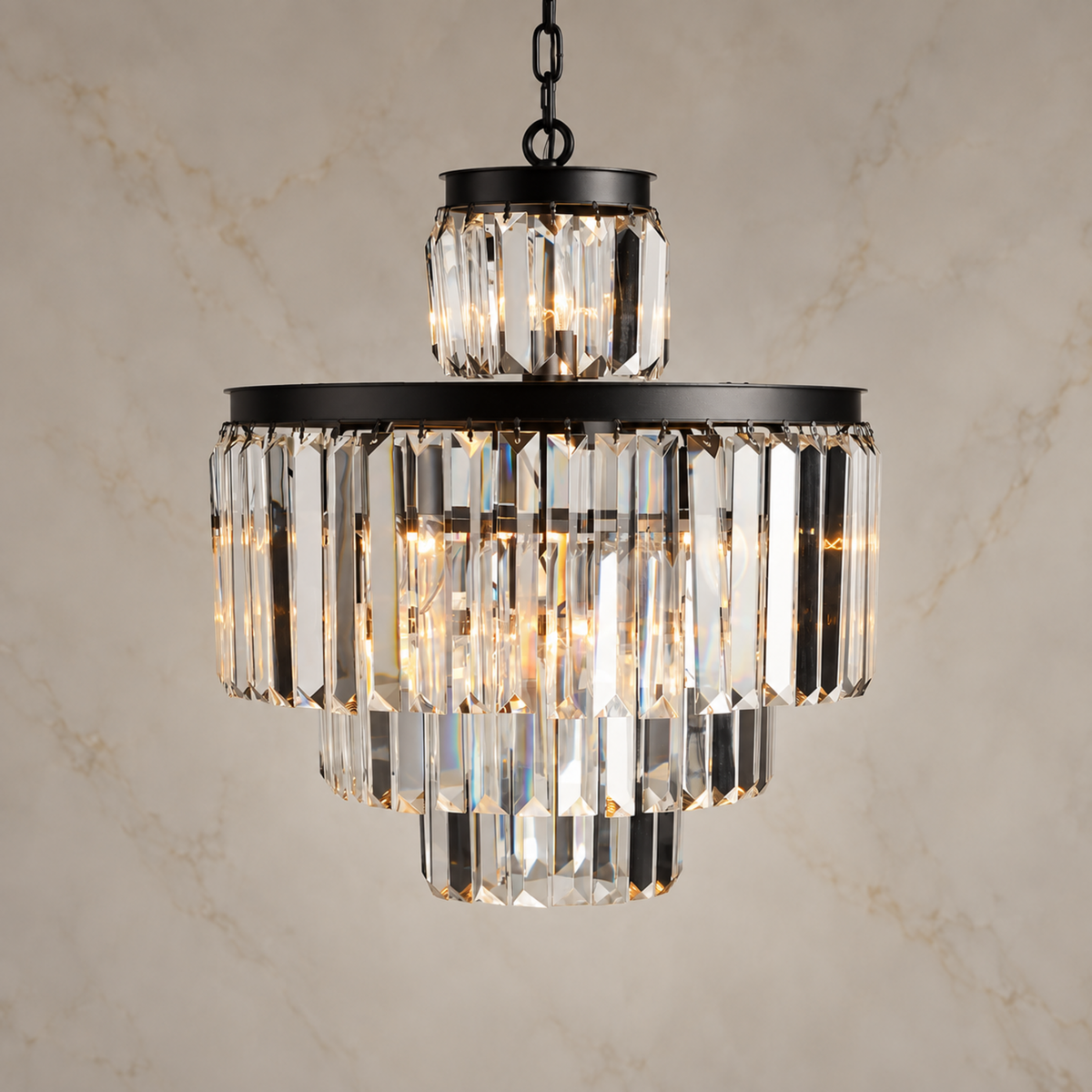 Odette K9 crystal tiered chandelier size 2 in black, light on